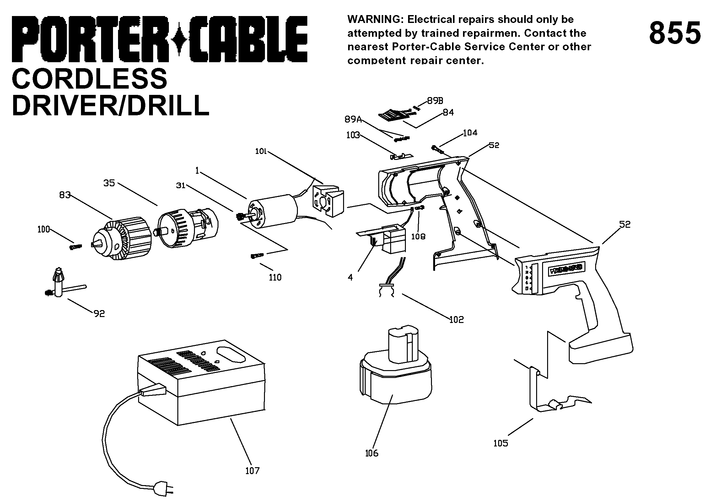 Page A Diagram and Parts List for 9855 2 Porter Cable Boring Machine